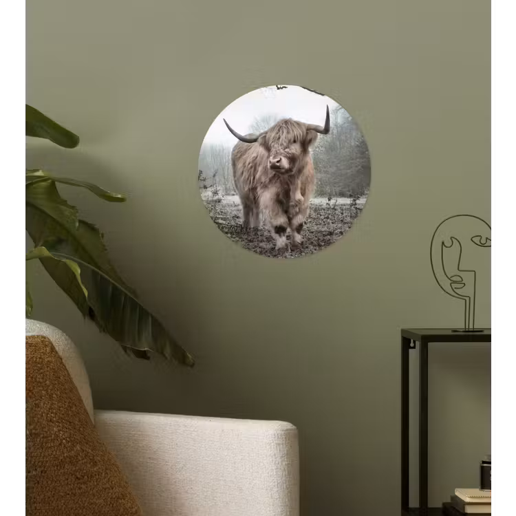 Schotse Hooglander - Bos - Mist - Koe - Dieren - Natuur Wandcirkel behangsticker klein -sfeer2