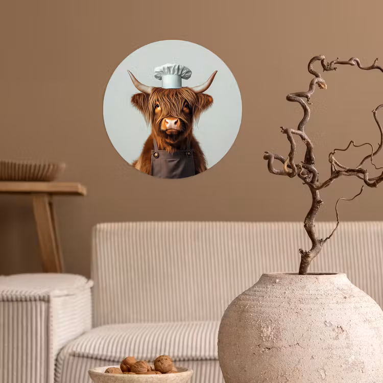 Schotse Hooglander - Bruin - Hoorns - Kokskleding Wandcirkel behangsticker klein -sfeer1