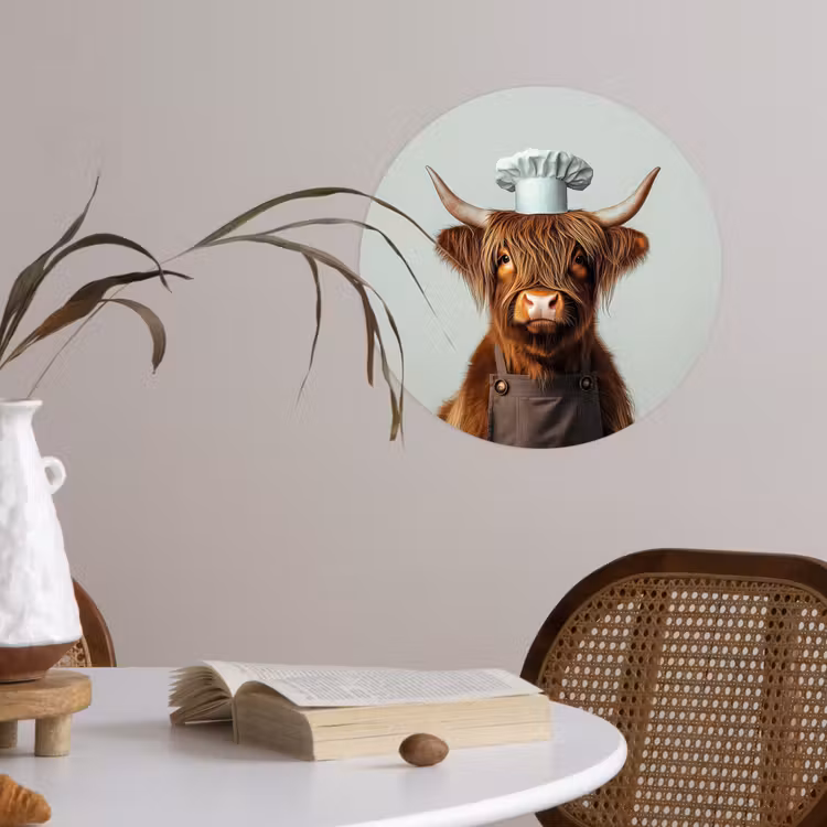Schotse Hooglander - Bruin - Hoorns - Kokskleding Wandcirkel behangsticker klein -sfeer3