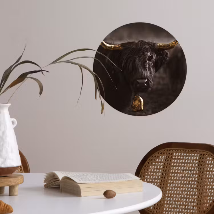 Schotse hooglander - Goud - Koebel - Hoorns - Dieren Wandcirkel behangsticker klein -sfeer3