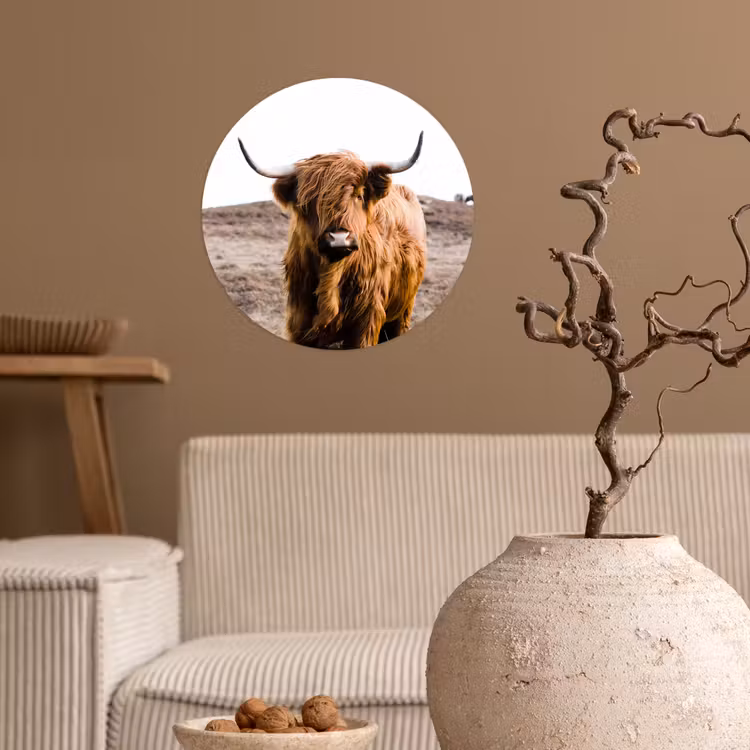 Schotse hooglander - Landschap - Koe - Bruin - Dieren - Natuur Wandcirkel behangsticker klein -sfeer1