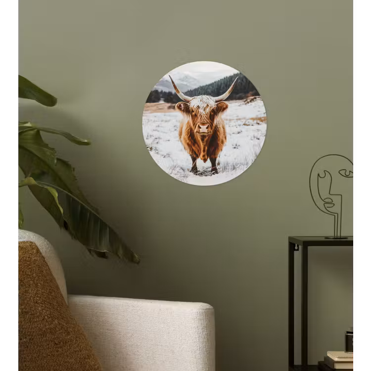 Schotse Hooglander - Landschap - Sneeuw - Bergen - Winter Wandcirkel behangsticker klein -sfeer2