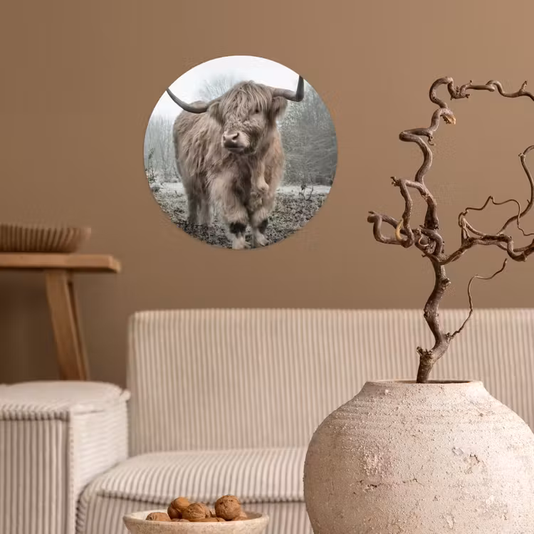 Schotse hooglander - Natuur - Herfst - Dieren - Wild - Bos Wandcirkel behangsticker klein -sfeer1