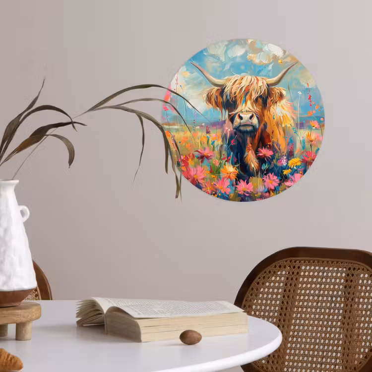 Schotse hooglander - Natuur - Kleurrijk - Bloemen Wandcirkel behangsticker klein -sfeer3