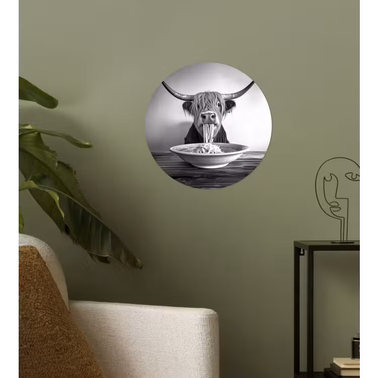 Schotse Hooglander - Spaghetti - Dieren - Zwart wit Wandcirkel behangsticker klein -sfeer2