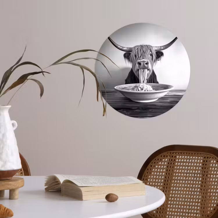 Schotse Hooglander - Spaghetti - Dieren - Zwart wit Wandcirkel behangsticker klein -sfeer3