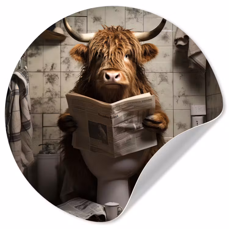 Schotse hooglander - Toilet - Krant - Badkamer Wandcirkel behangsticker klein -3d