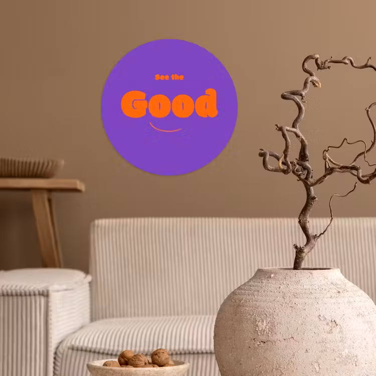 See the good - Oranje - Paars - Smiley Wandcirkel behangsticker klein -sfeer1