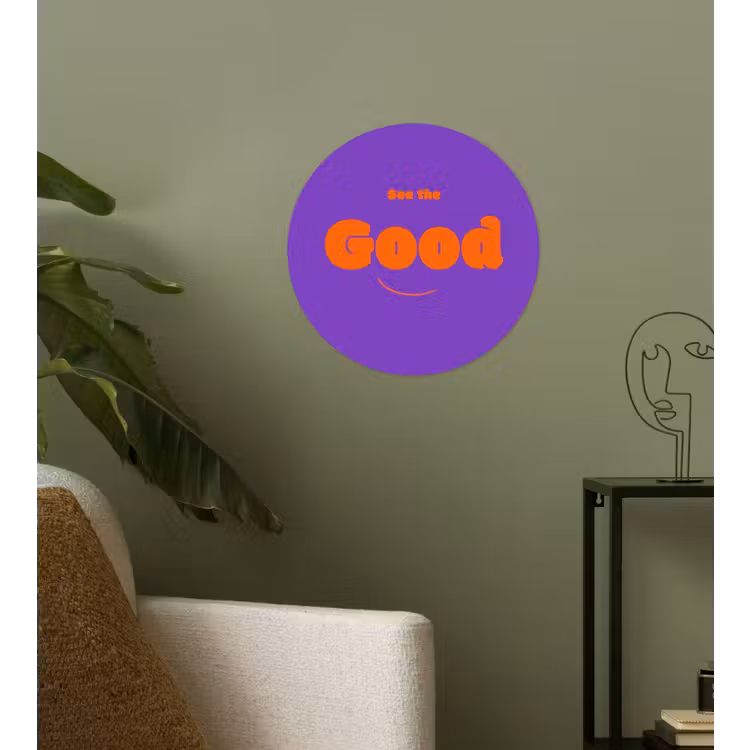 See the good - Oranje - Paars - Smiley Wandcirkel behangsticker klein -sfeer2