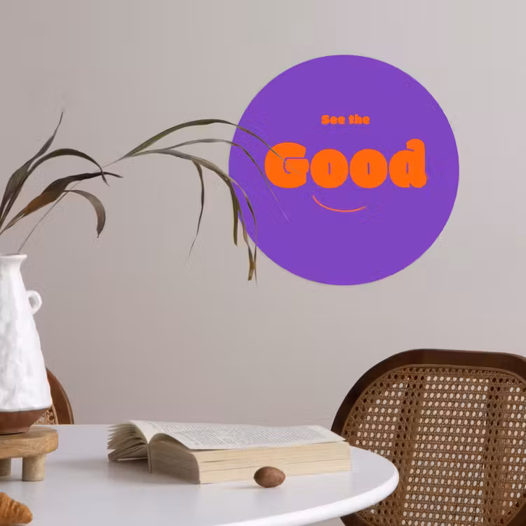 See the good - Oranje - Paars - Smiley Wandcirkel behangsticker klein -sfeer3