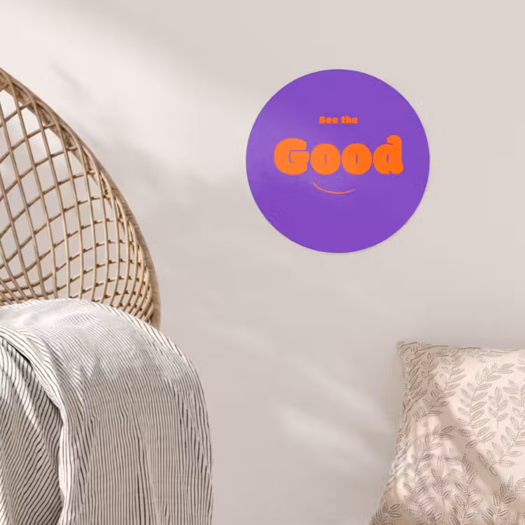 See the good - Oranje - Paars - Smiley Wandcirkel behangsticker klein -sfeer4