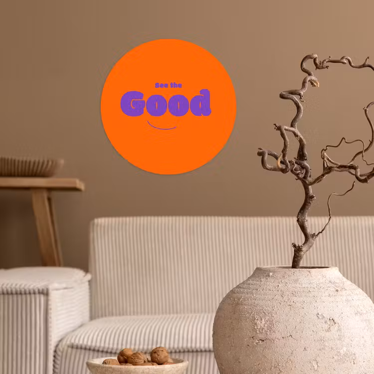 See the good - Paars - Oranje - Smiley Wandcirkel behangsticker klein -sfeer1
