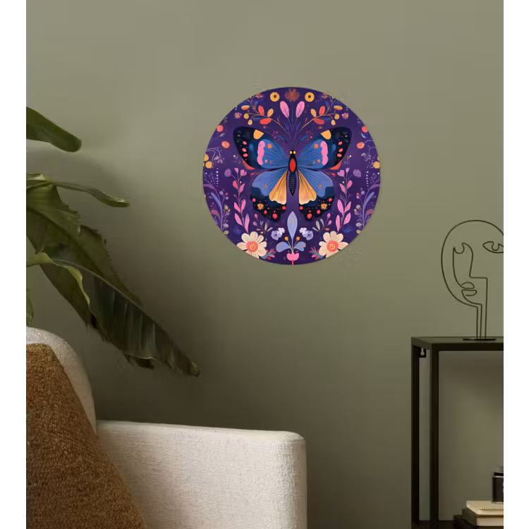 Sierlijk - Bloemen - Vlinder - Paars Wandcirkel behangsticker klein -sfeer2