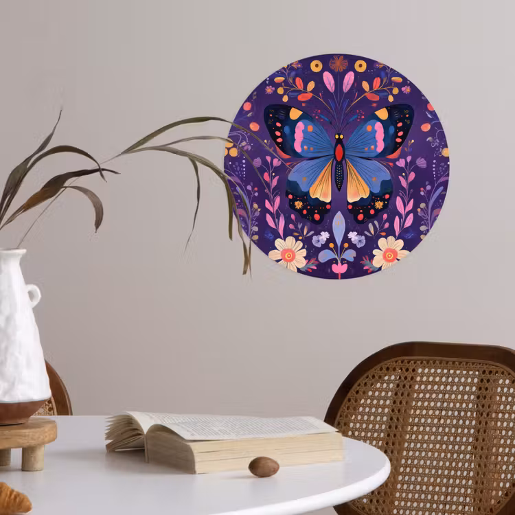 Sierlijk - Bloemen - Vlinder - Paars Wandcirkel behangsticker klein -sfeer3