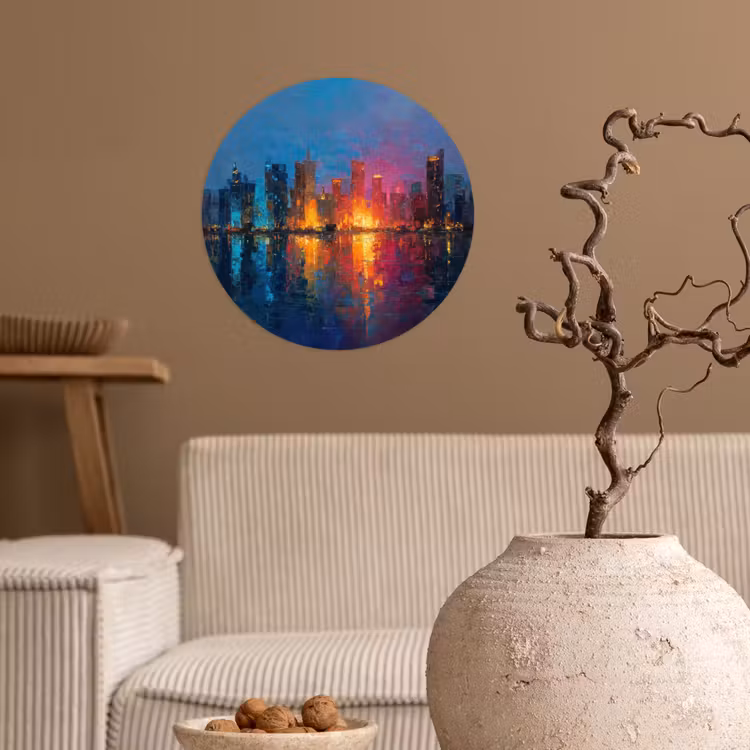 Skyline - Penseelstreken - Donkerblauw - Lichtgevend Wandcirkel behangsticker klein -sfeer1