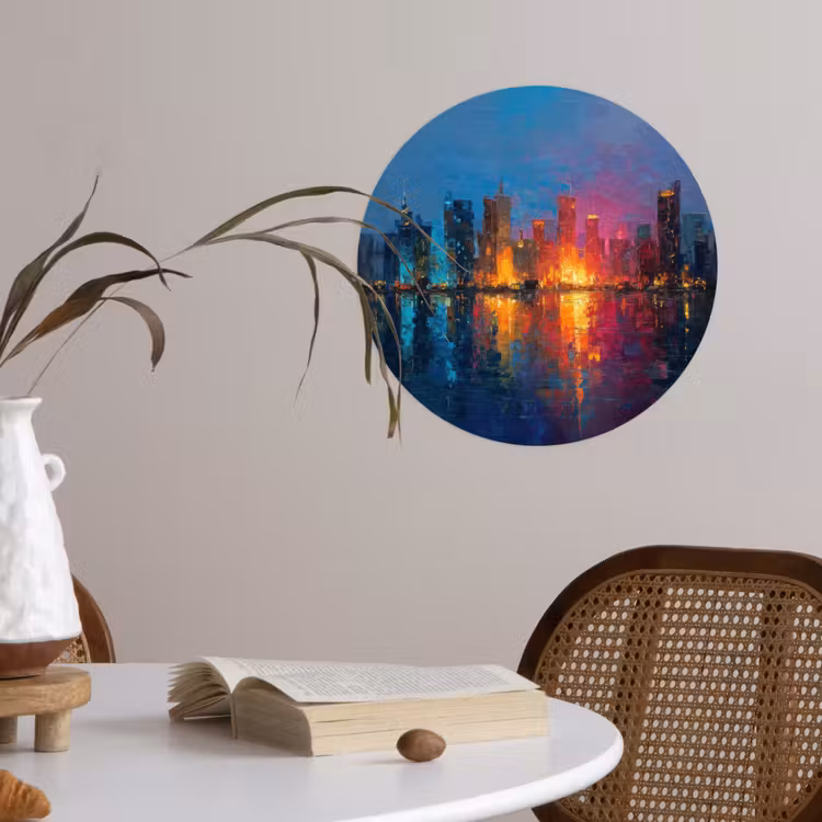 Skyline - Penseelstreken - Donkerblauw - Lichtgevend Wandcirkel behangsticker klein -sfeer3