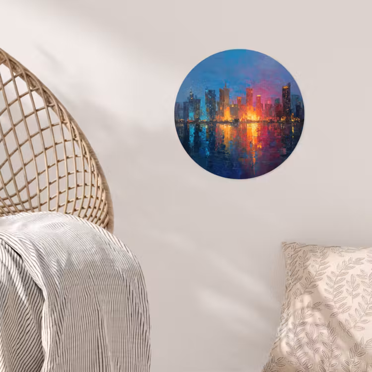 Skyline - Penseelstreken - Donkerblauw - Lichtgevend Wandcirkel behangsticker klein -sfeer4