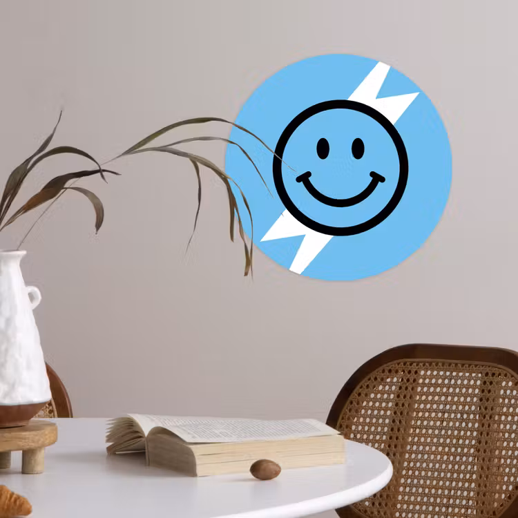 Smiley - Blauw - Bliksem Wandcirkel behangsticker klein -sfeer3