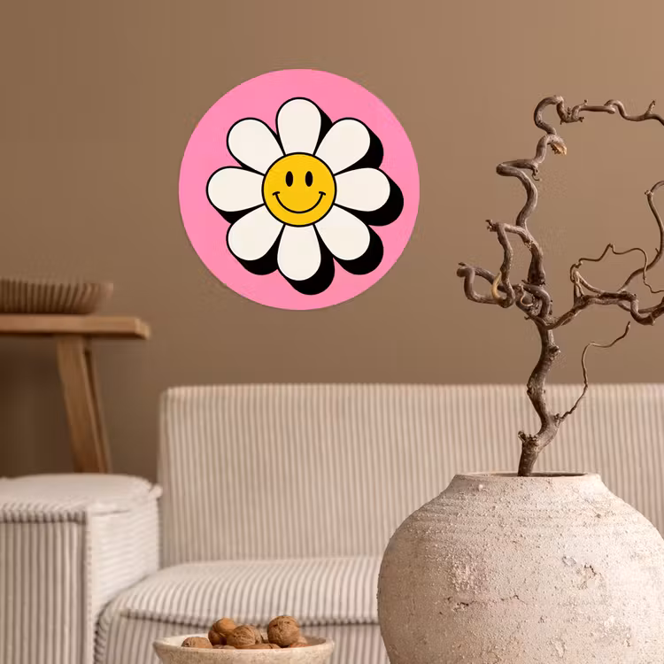 Smiley - Bloem - Roze Wandcirkel behangsticker klein -sfeer1
