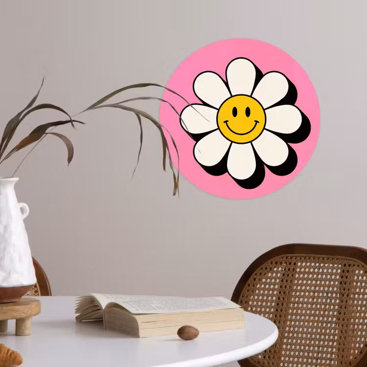 Smiley - Bloem - Roze Wandcirkel behangsticker klein -sfeer3