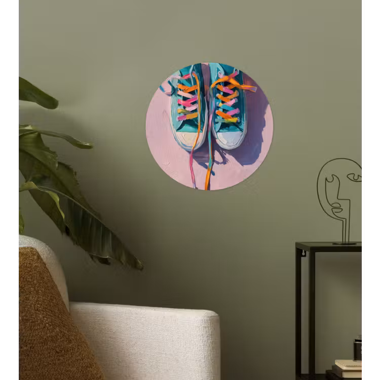 Sneakers - Veters - Kleurrijk - Schaduw Wandcirkel behangsticker klein -sfeer2