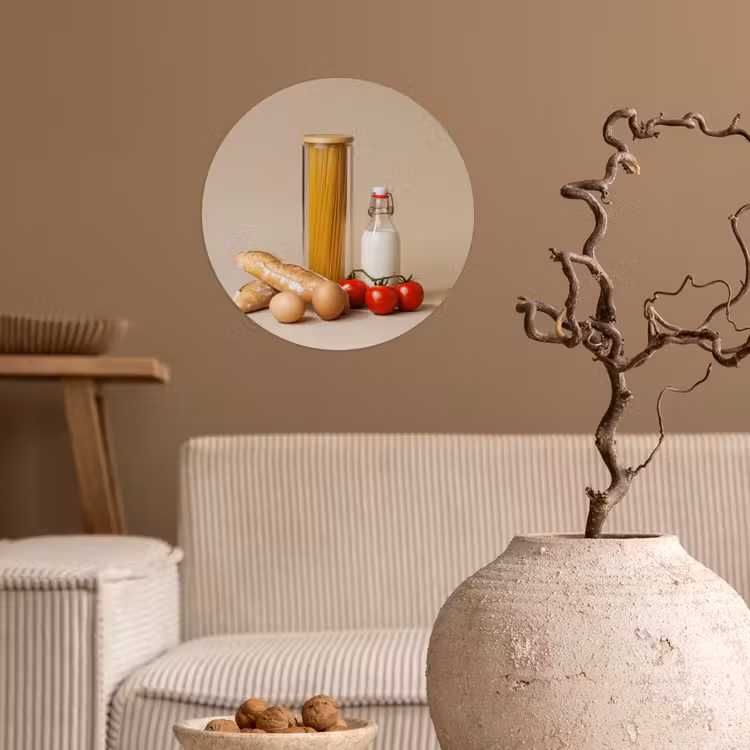 Spaghetti - Melk - Tomaten - Eieren - Brood Wandcirkel behangsticker klein -sfeer1