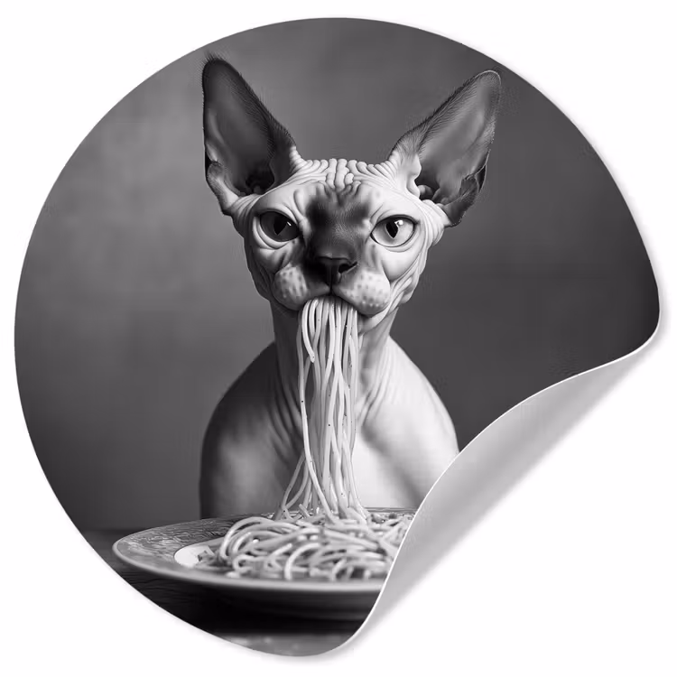Sphynx - Kat - Dieren - Humor - Spaghetti - Zwart Wit Wandcirkel behangsticker klein -3d