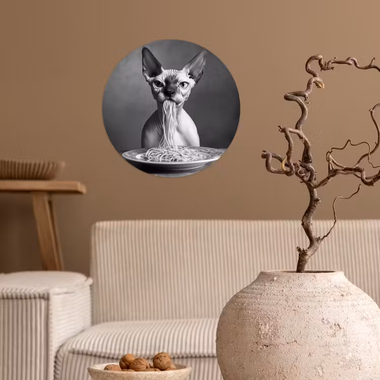 Sphynx - Kat - Dieren - Humor - Spaghetti - Zwart Wit Wandcirkel behangsticker klein -sfeer1