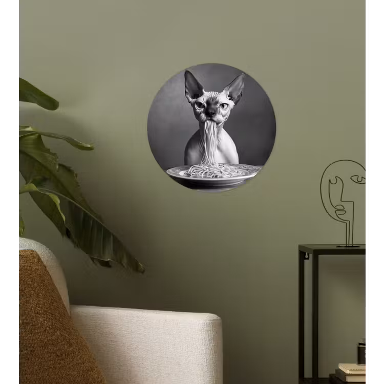 Sphynx - Kat - Dieren - Humor - Spaghetti - Zwart Wit Wandcirkel behangsticker klein -sfeer2