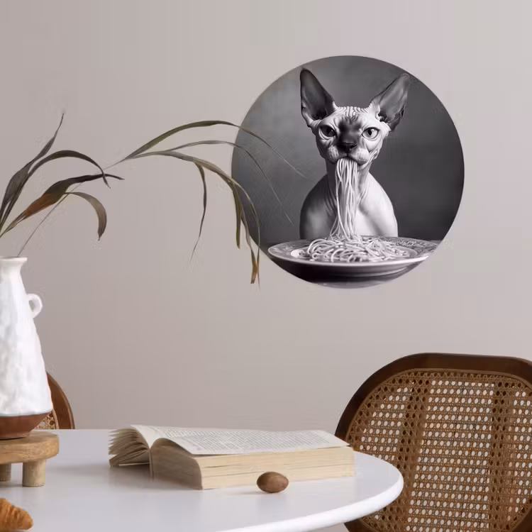 Sphynx - Kat - Dieren - Humor - Spaghetti - Zwart Wit Wandcirkel behangsticker klein -sfeer3