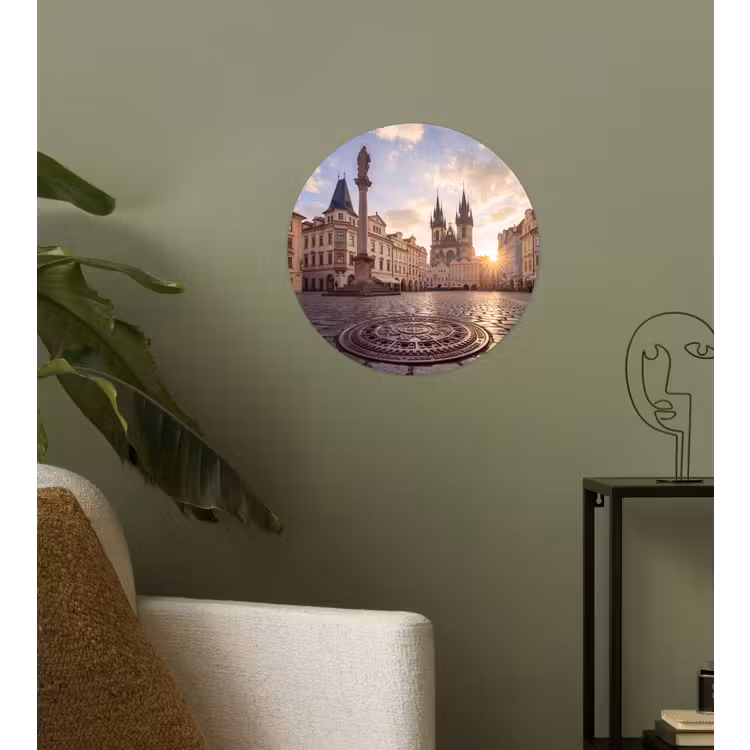 Stad - Praag - Ochtend - Architectuur - Goud Wandcirkel behangsticker klein -sfeer2