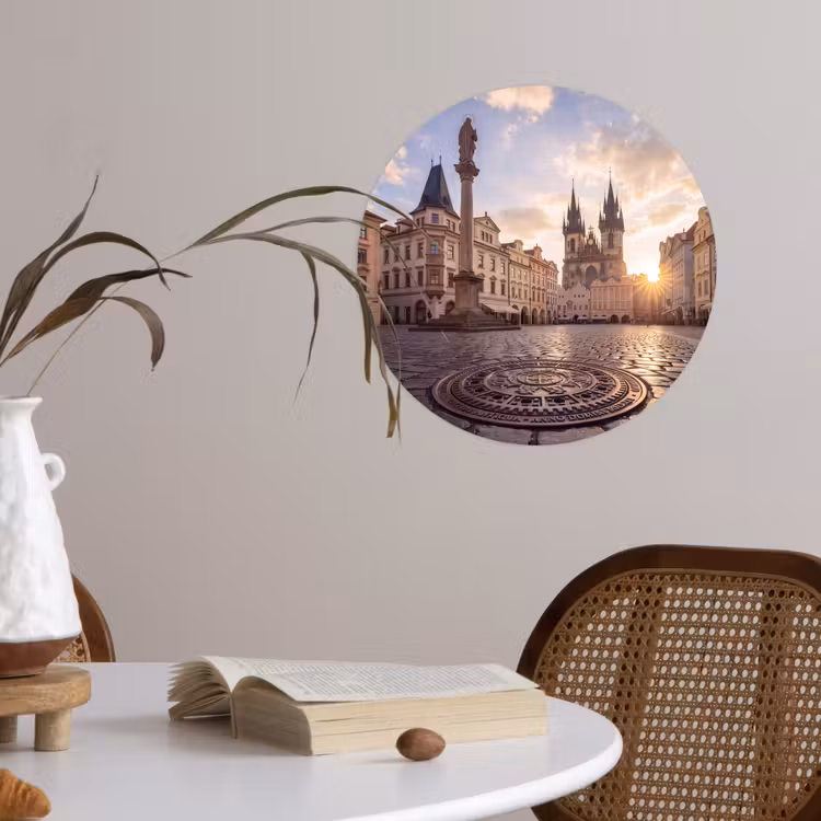 Stad - Praag - Ochtend - Architectuur - Goud Wandcirkel behangsticker klein -sfeer3