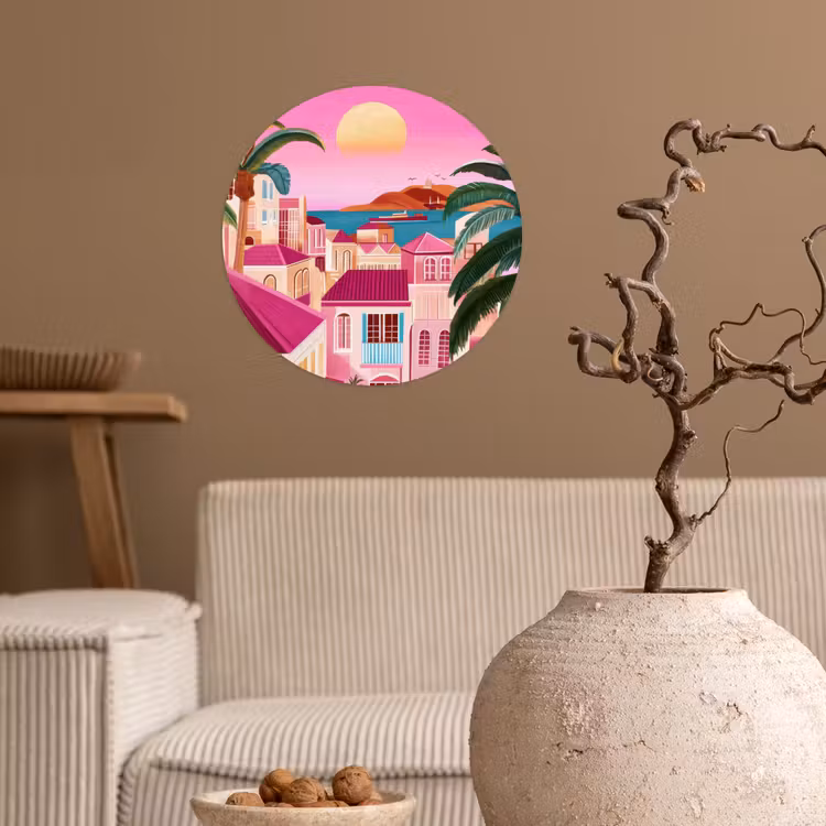 Stad - Roze - Palmbomen Wandcirkel behangsticker klein -sfeer1