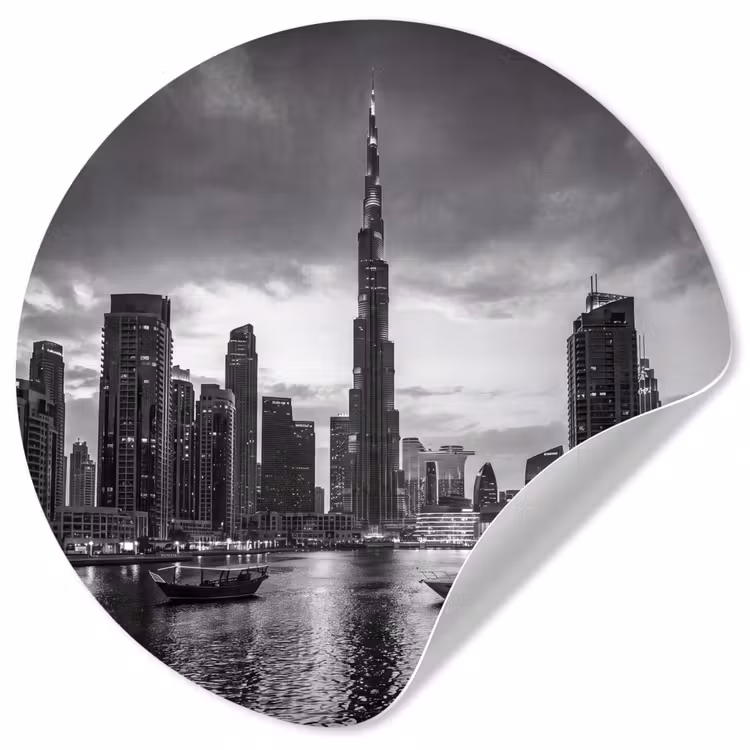 Stad - Skyline - Architectuur - Avond - Zwart-wit Wandcirkel behangsticker klein -3d