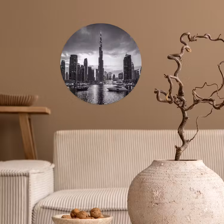Stad - Skyline - Architectuur - Avond - Zwart-wit Wandcirkel behangsticker klein -sfeer1