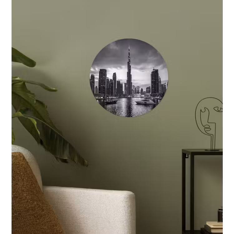 Stad - Skyline - Architectuur - Avond - Zwart-wit Wandcirkel behangsticker klein -sfeer2