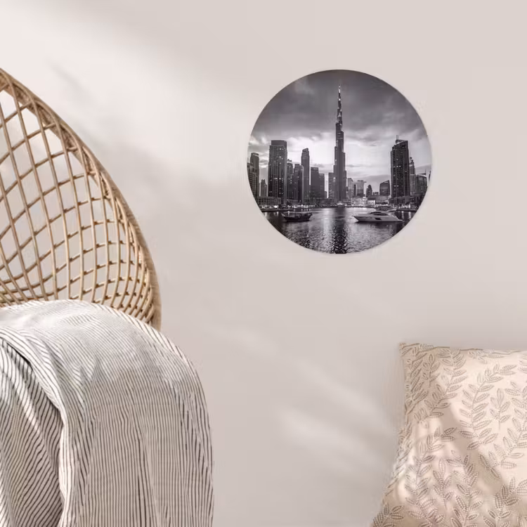 Stad - Skyline - Architectuur - Avond - Zwart-wit Wandcirkel behangsticker klein -sfeer4