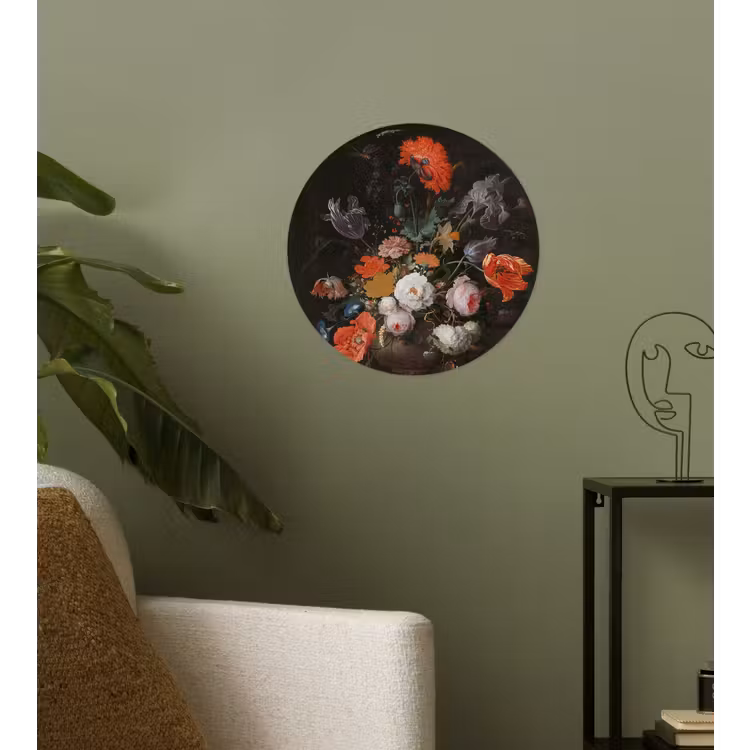 Stilleven met bloemen en een horloge - Schilderij van Abraham Mignon Wandcirkel behangsticker klein -sfeer2