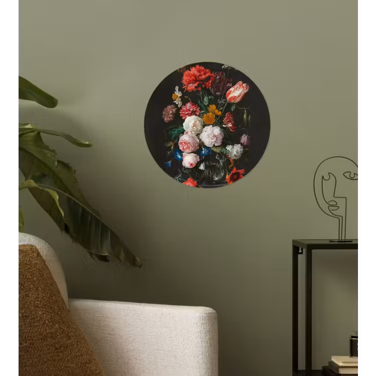Stilleven met bloemen in een glazen vaas - Schilderij van Jan Davidsz. de Heem Wandcirkel behangsticker klein -sfeer2