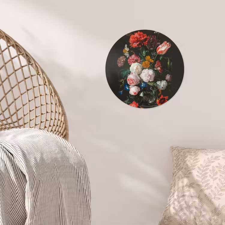 Stilleven met bloemen in een glazen vaas - Schilderij van Jan Davidsz. de Heem Wandcirkel behangsticker klein -sfeer4