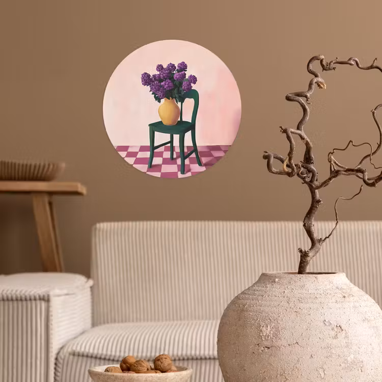 Stoel - Vaas - Bloemen - Geblokt Wandcirkel behangsticker klein -sfeer1
