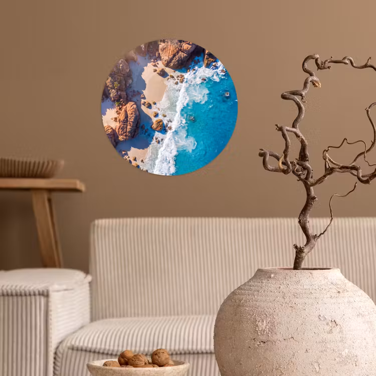 Strand - Zee - Rotsen - Natuur - Blauw Wandcirkel behangsticker klein -sfeer1