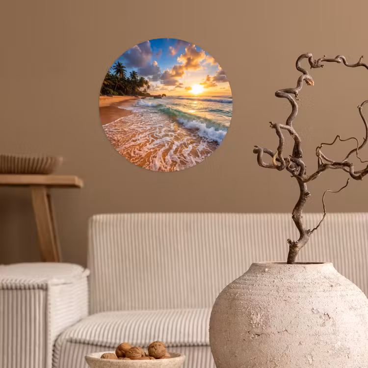 Strand - Zonsondergang - Golven - Natuur - Goud Wandcirkel behangsticker klein -sfeer1