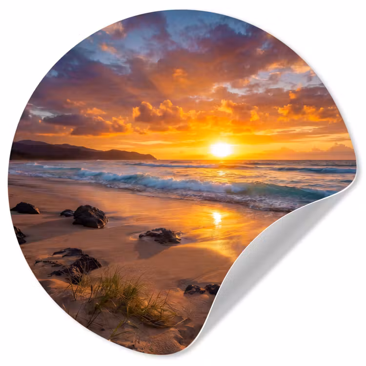 Strand - Zonsondergang - Golven - Natuur - Oranje Wandcirkel behangsticker klein -3d