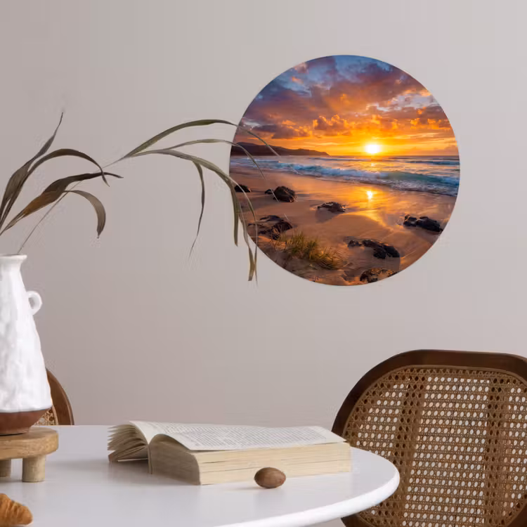 Strand - Zonsondergang - Golven - Natuur - Oranje Wandcirkel behangsticker klein -sfeer3