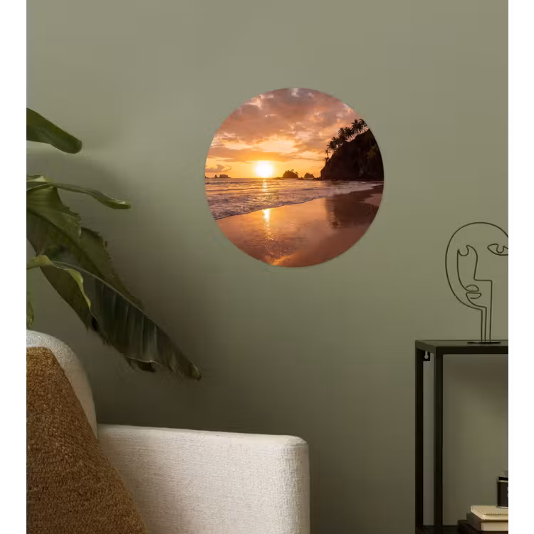 Strand - Zonsondergang - Natuur - Tropisch - Oranje Wandcirkel behangsticker klein -sfeer2