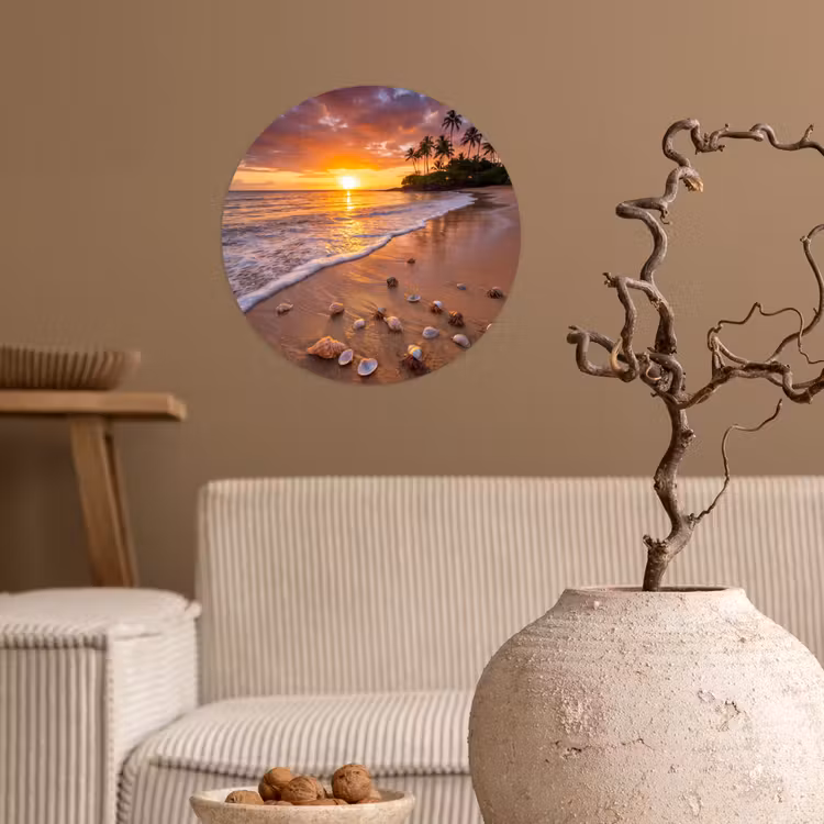 Strand - Zonsondergang - Palmbomen - Natuur - Oranje Wandcirkel behangsticker klein -sfeer1