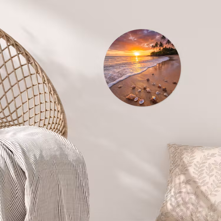 Strand - Zonsondergang - Palmbomen - Natuur - Oranje Wandcirkel behangsticker klein -sfeer4