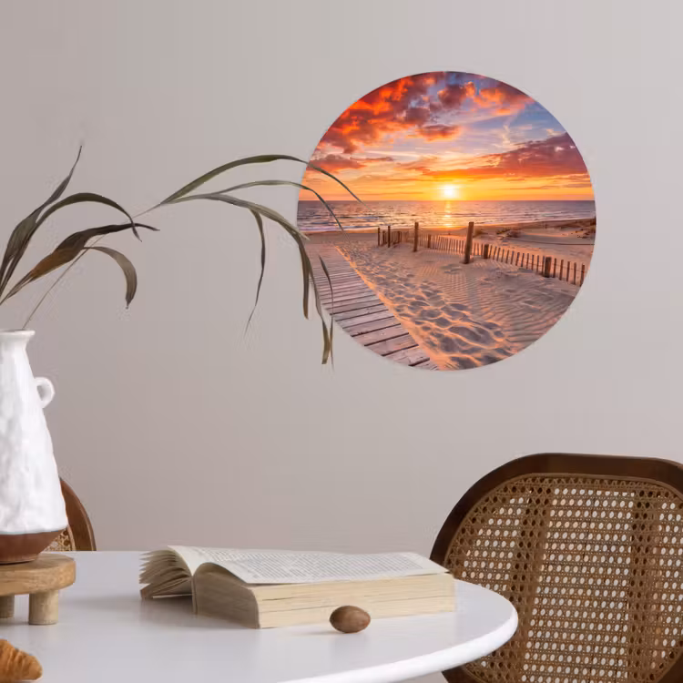 Strand - Zonsondergang - Zee - Natuur - Oranje Wandcirkel behangsticker klein -sfeer3