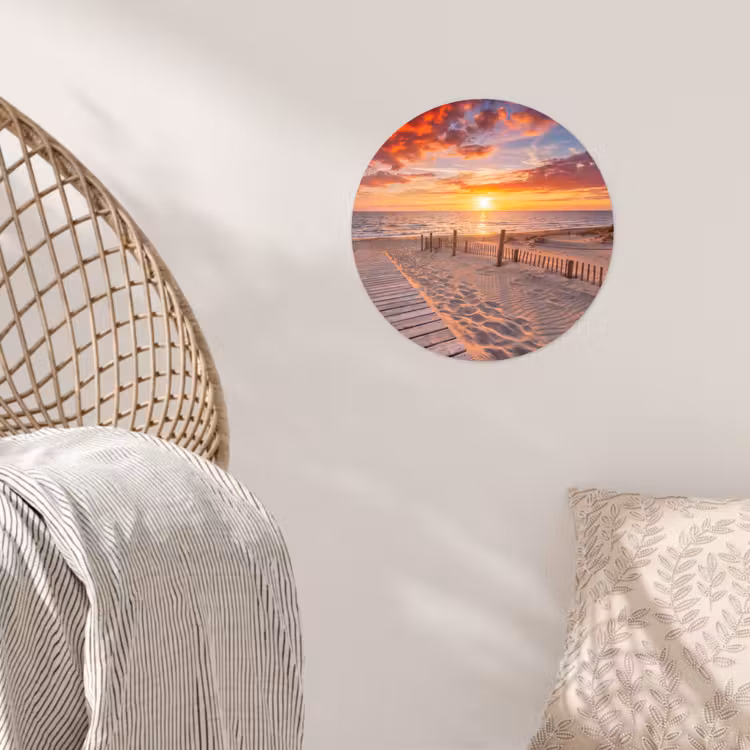 Strand - Zonsondergang - Zee - Natuur - Oranje Wandcirkel behangsticker klein -sfeer4